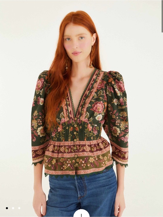 FARM Rio Tops - FARM Rio Green Floral Peplum Blouse with Pink Accents